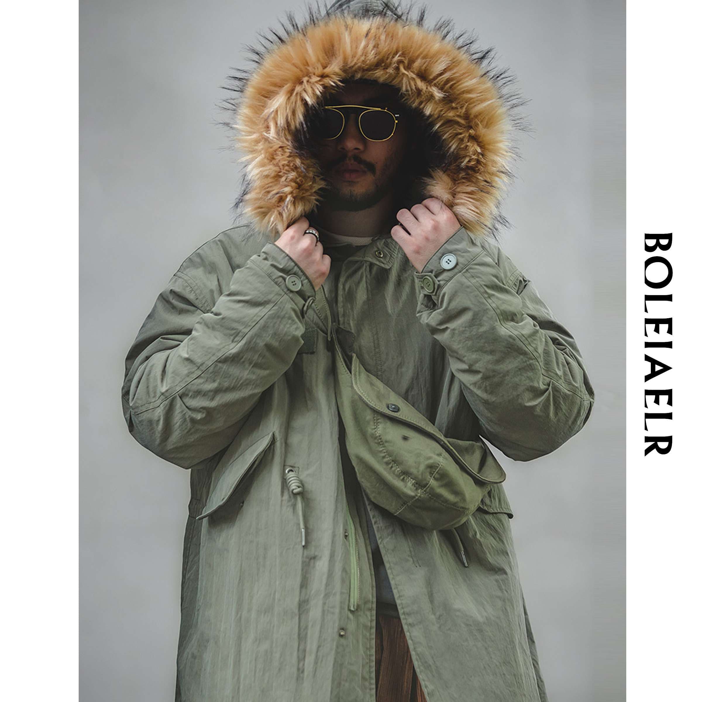 上質な毛皮フード付きミリタリーロングコート ミリタリージャケット