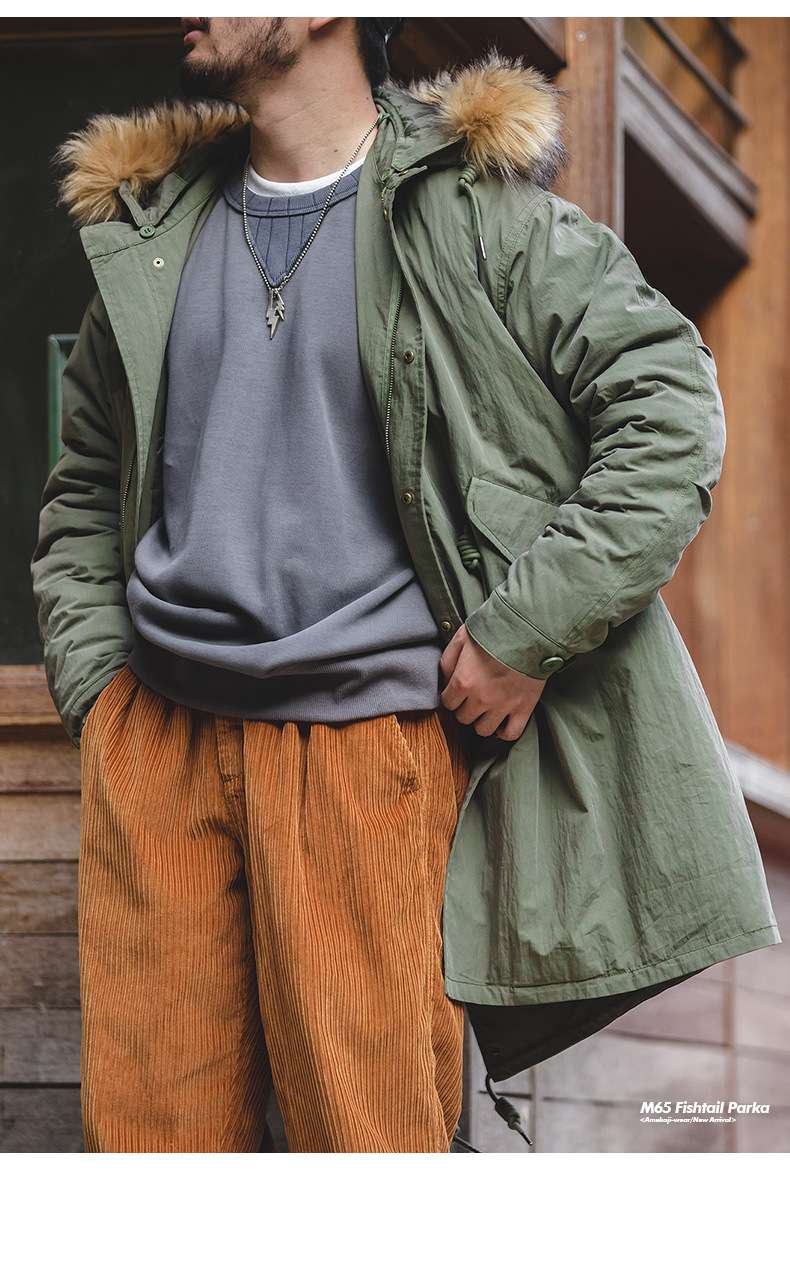 上質な毛皮フード付きミリタリーロングコート ミリタリージャケット