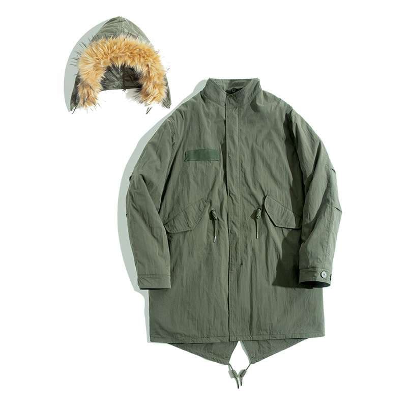 上質な毛皮フード付きミリタリーロングコート ミリタリージャケット